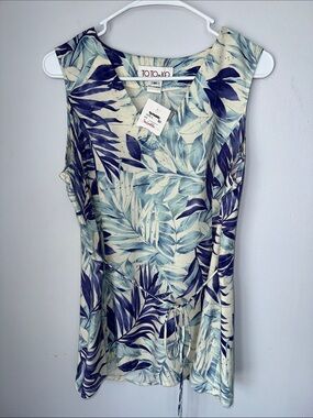 TOTOnKO Blue Leaf Print Sleeveless Blouse with Tie Waist